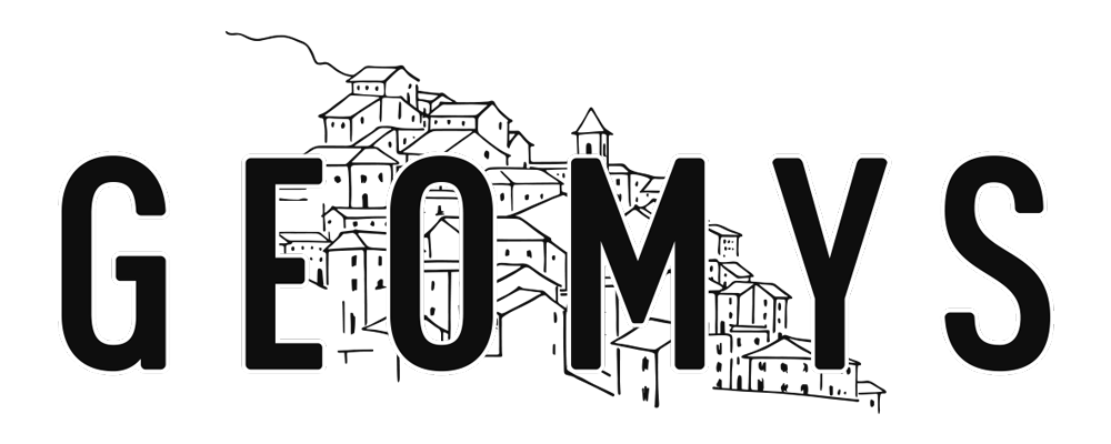 The Geomys logo, an ink outline of a quaint Italian town on the side of a mountain.